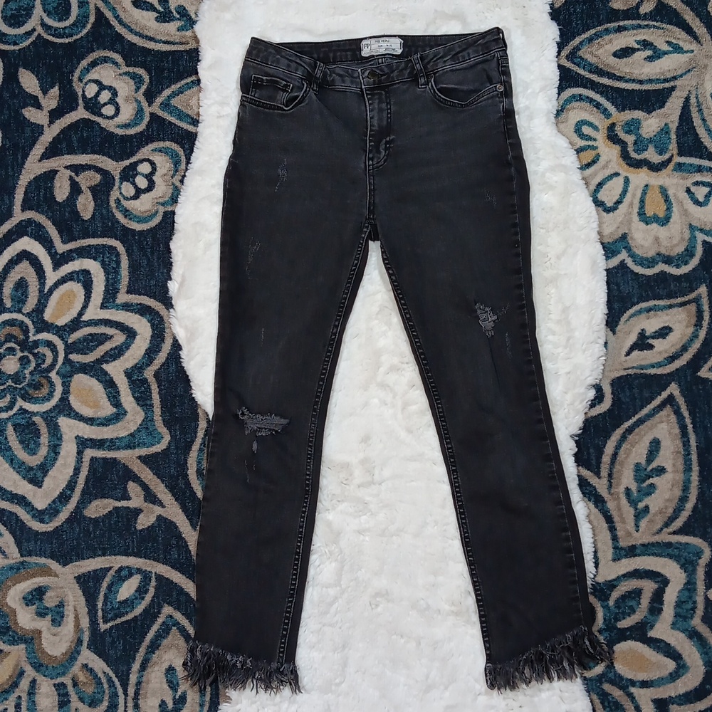 Free people fray crop hem black distressed slim straight jeans